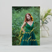 Smaragd Groene Strass Goud Zoet 16 Foto Folie Uitnodiging (Staand Voorkant)