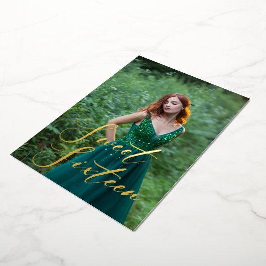 Smaragd Groene Strass Goud Zoet 16 Foto Folie Uitnodiging (Gedraaid)