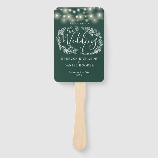 Smaragd Groene Strijklichten Huwelijksprogramma Handwaaier (Voorkant)