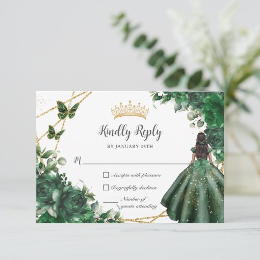 Smaragd Groene Vlinders Prinses Quinceañera RSVP Kaartje (Staand voorkant)