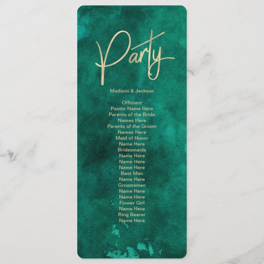 Smaragd Groene Waterverf & Gouden Huwelijksprogram Programmakaart (Achterkant)