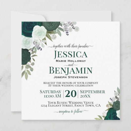 Smaragd Groene Waterverf Rozen Elegant Bruiloft Kaart (Voorkant)