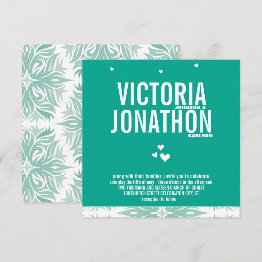 Smaragd Hart Moderne Bloemen Typografie Bruiloft Kaart (Voorkant / Achterkant)