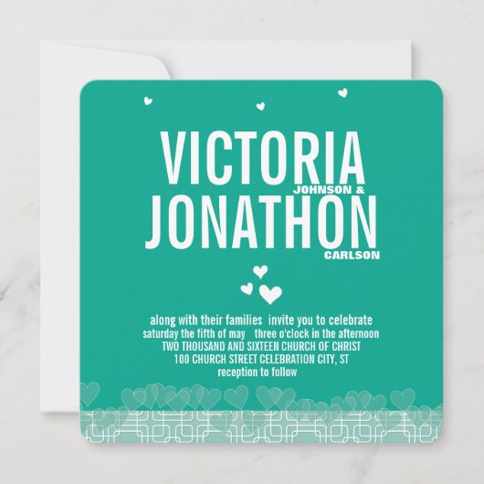 Smaragd Hart Moderne Bloemen Typografie Bruiloft Kaart (Voorkant)