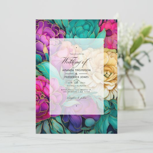 Smaragd, Heet Roze en Goud Bloemen Bruiloft Kaart (Staand voorkant)