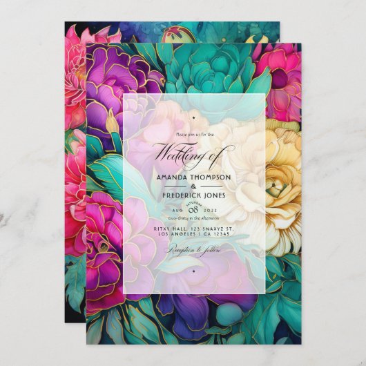 Smaragd, Heet Roze en Goud Bloemen Bruiloft Kaart (Voorkant / Achterkant)