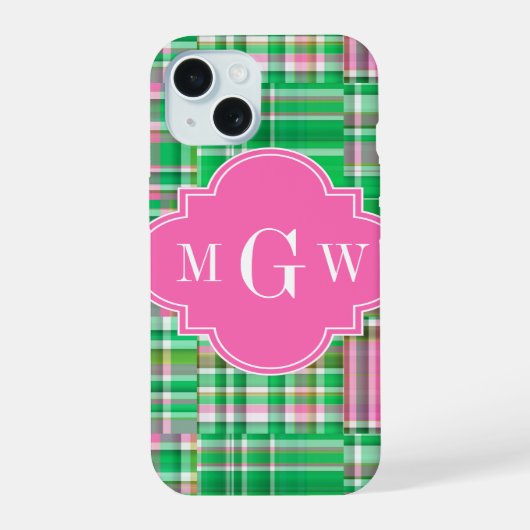 Smaragd Heet Roze Preppy Patchwork Madras Monogram iPhone 15 Hoesje (Achterkant)