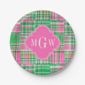 Smaragd Heet Roze Preppy Patchwork Madras Monogram Papieren Bordje (Voorkant)