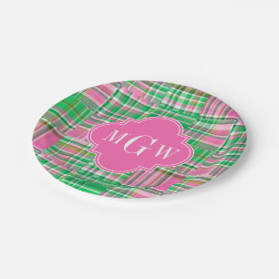Smaragd Heet Roze Preppy Patchwork Madras Monogram Papieren Bordje