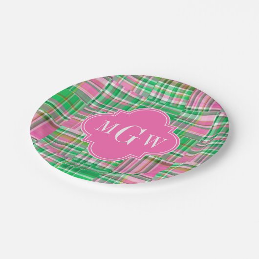 Smaragd Heet Roze Preppy Patchwork Madras Monogram Papieren Bordje (Gekanteld)