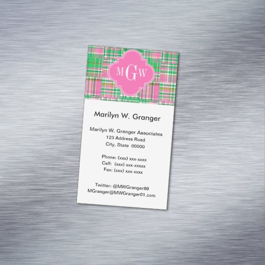 Smaragd Heet Roze Preppy Patchwork Madras Monogram Visitekaartje Magneet (Voorbeeld)