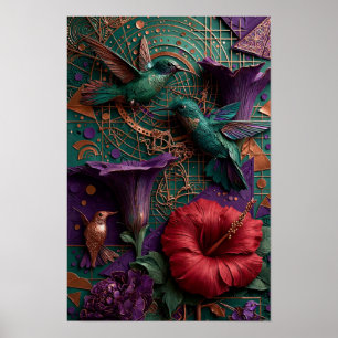 Smaragd Kolibrie Paradijs Reliëf - 3D Koper Poster
