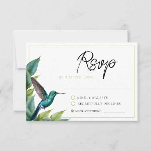 Smaragd Kolibrie Tropische Bladeren Bruiloft RSVP Kaartje (Voorkant)