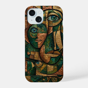Smaragd Koper Goud Cubistische Drie Gezichten iPhone 15 Case