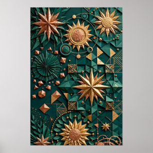 Smaragd Koperen Hemels Kompas - 3D Goud Poster