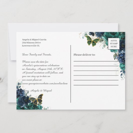 Smaragd Navy Bloem Quinceañera Afbeelding Datum Be Kaart (Achterkant)