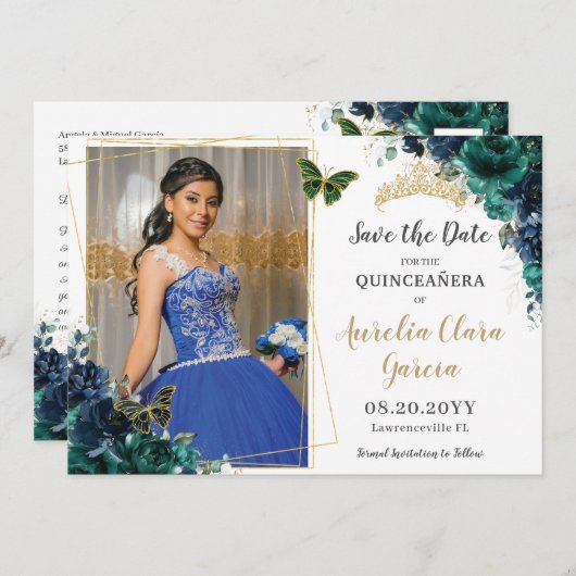 Smaragd Navy Bloem Quinceañera Afbeelding Datum Be Kaart (Voorkant / Achterkant)
