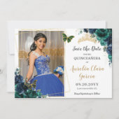 Smaragd Navy Bloemen Quinceañera Afbeelding Datum Kaart (Voorkant)