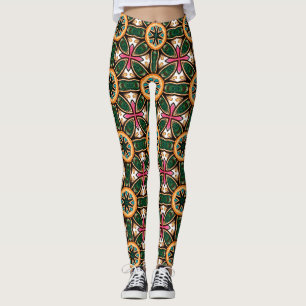 Smaragd Oranje Art Deco Bloempatroon Leggings