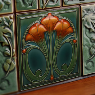 Smaragd Oranje Muur Decor Art Nouveau Keramiek Tegeltje