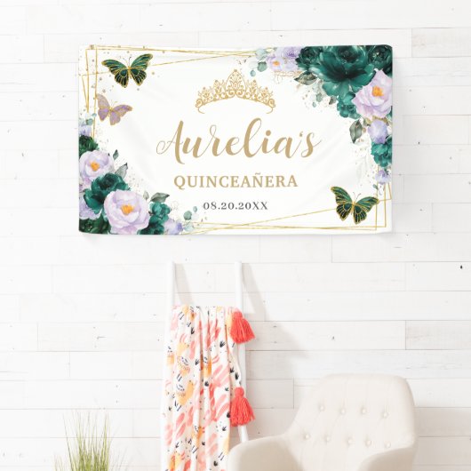 Smaragd Paarse bloemvlinders welkom achtergrond Spandoek (Insitu)