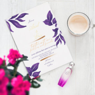 Smaragd Paarse & Gouden Eucalyptus Bruiloft Folie Uitnodiging