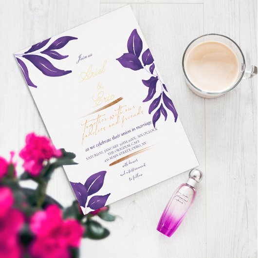 Smaragd Paarse & Gouden Eucalyptus Bruiloft Folie Uitnodiging