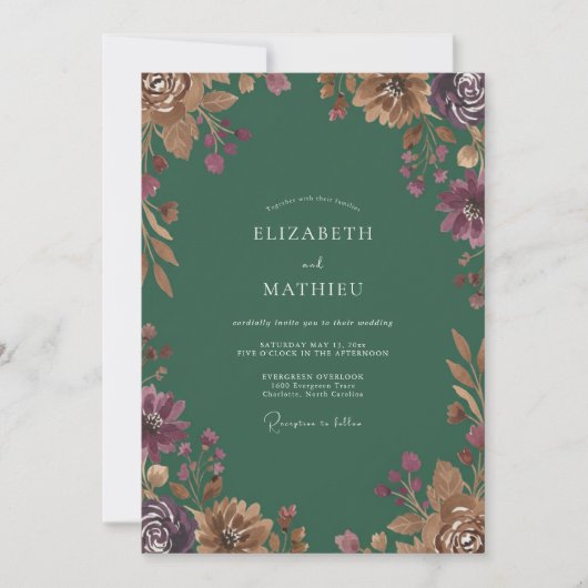 Smaragd Paarse Wilde Bloemen Bruiloft Kaart (Voorkant)