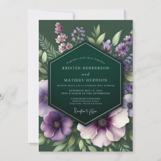 Smaragd Plum Moody Flora Bruiloft Kaart (Voorkant)