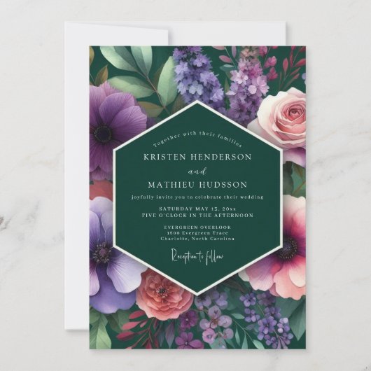 Smaragd Plum Vivid Flora Bruiloft Kaart (Voorkant)