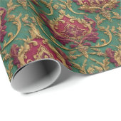 Smaragd Rode Barok Damast Cadeaupapier (Rol Hoek)