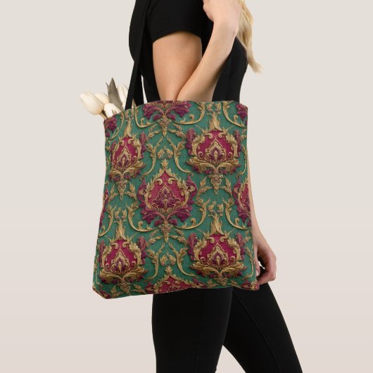 Smaragd Rode Barok Damast Tote Bag (Dichtbij)