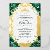 Smaragd Roos Kant Quinceanera Verjaardag Folie Uitnodiging (Voorkant)