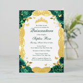 Smaragd Roos Kant Quinceanera Verjaardag Folie Uitnodiging (Staand Voorkant)