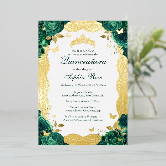 Smaragd Roos Kant Quinceanera Verjaardag Folie Uitnodiging (Staand Voorkant)