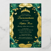 Smaragd Roos Kant Vlinder Quinceanera Verjaardag Folie Uitnodiging (Voorkant)