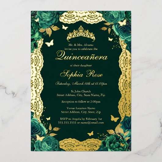 Smaragd Roos Kant Vlinder Quinceanera Verjaardag Folie Uitnodiging (Voorkant)
