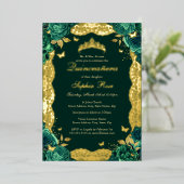 Smaragd Roos Kant Vlinder Quinceanera Verjaardag Folie Uitnodiging (Staand Voorkant)