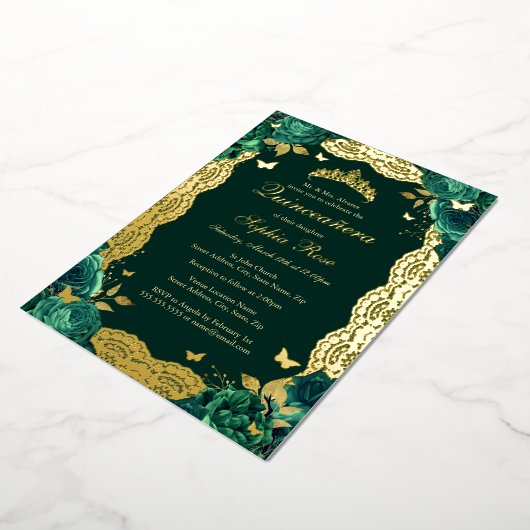 Smaragd Roos Kant Vlinder Quinceanera Verjaardag Folie Uitnodiging (Gedraaid)