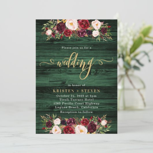 Smaragd Rustiek Bourgondië Marsala Bloemenbruiloft Kaart (Staand voorkant)