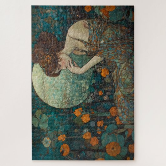 Smaragd schemering: Art Nouveau Lady & Bloemen Moz Legpuzzel (Verticaal)
