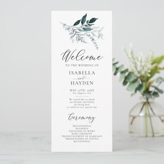 Smaragdblad groen loof Waterverf bruiloft Programmakaart (Staand voorkant)