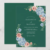 Smaragdblauwe Bloemenschildering Bruiloft Kaart (Voorkant / Achterkant)