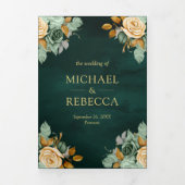 Smaragdcrème Bloemen Goud QR Code Foto Bruiloft Drieluik Uitnodiging (Cover)