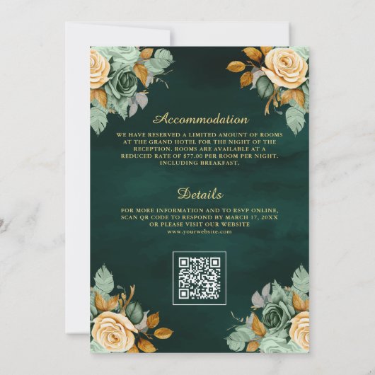 Smaragdcrème Bloemen Goud QR Code Moslim Bruiloft Kaart (Achterkant)