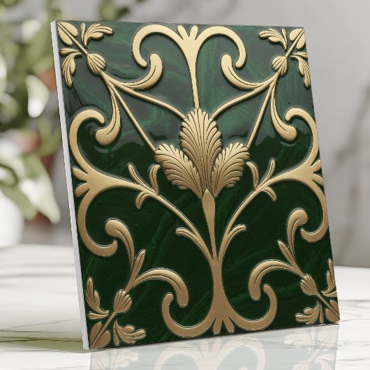 Smaragden en gouden Art Nouveau Bloemen Tegeltje