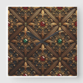 Smaragden en robijnen op een gouden  ontwerp vierkante klok