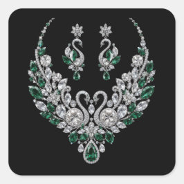 Smaragden Kristallen Zwanen | Luxe Sieraden Vierkante Sticker