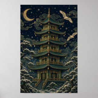 Smaragden Pagode Sneeuwval – Stemmingvolle Chinois Poster