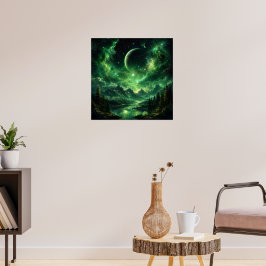 Smaragden sterrenhemel boven bergachtig bos poster